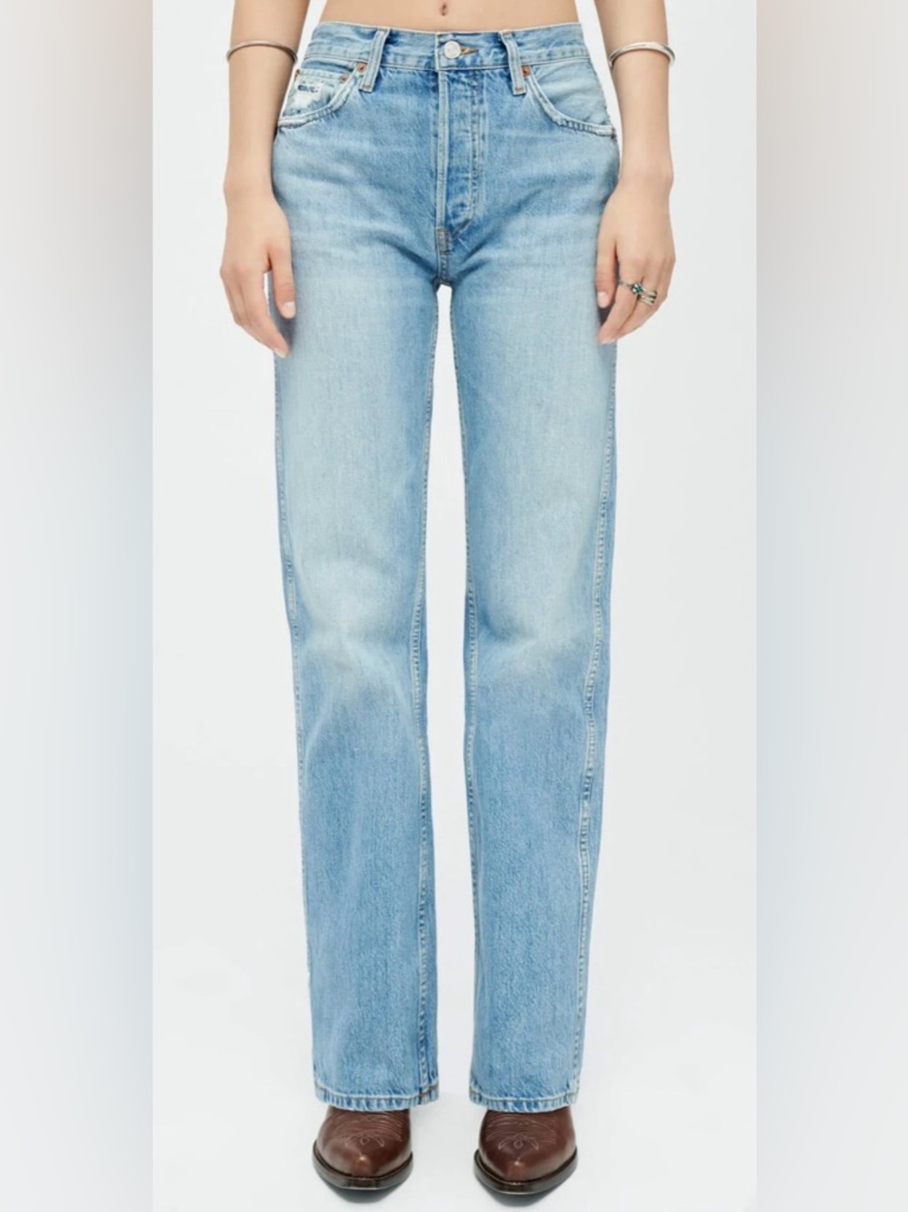 Re/Done Light Wash Indigo 70s Ultra High Rise Stove Pipe Jeans Size 32